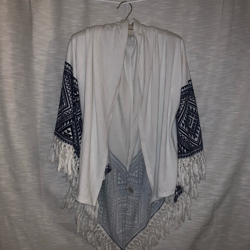 White and navy tasseled shawl